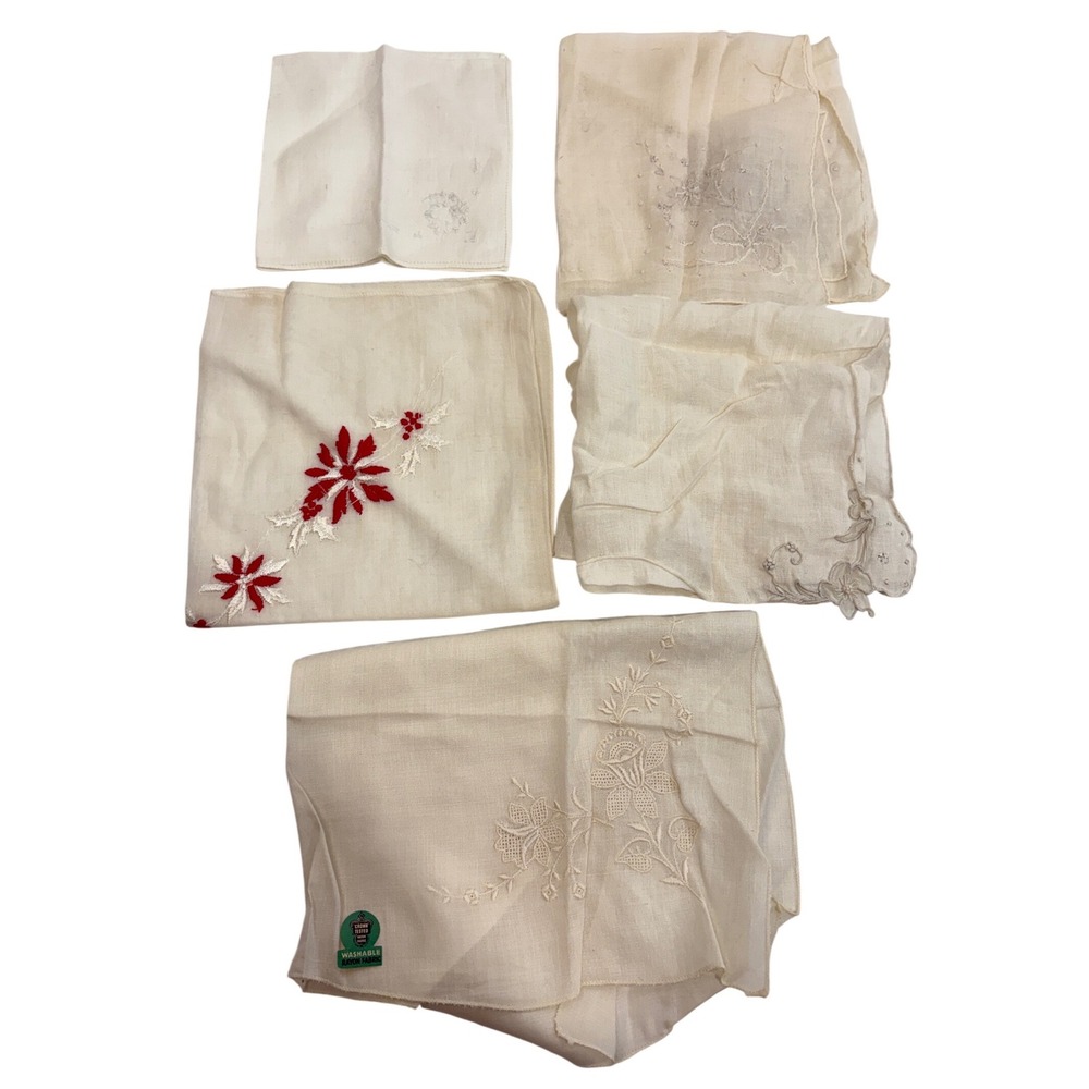 Vintage Handkerchief Lot 5pc Embroidered Floral Lace‎ Rayon White Cream Red